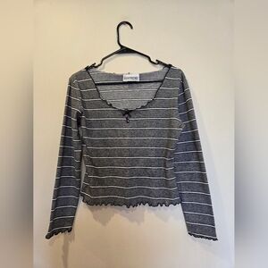 MY BOYFRIEND Striped Ribbed Long-Sleeve Top in Charcoal/White
